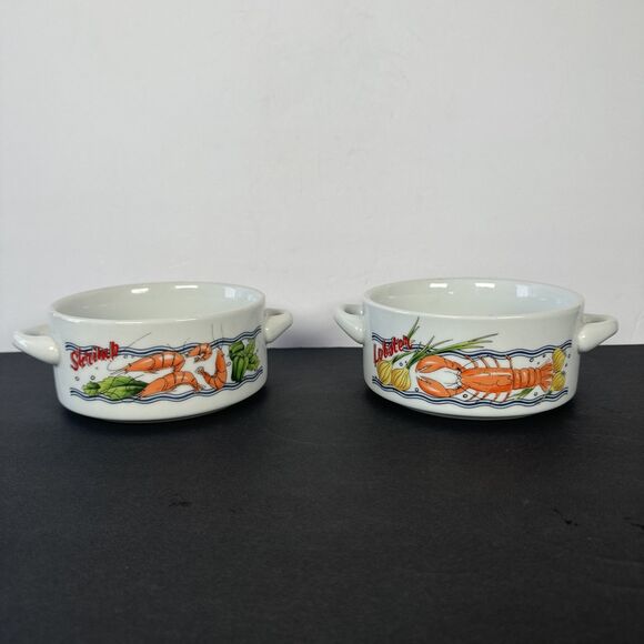 2 Prejecting 2500‎ Limited Bowls With Handles Soup Chowder Dish SHRIMP & LOBSTER - Picture 3 of 14